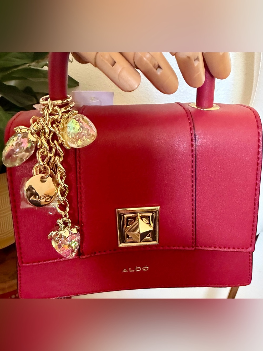 ALDO Red Satchel with Gold-Tone Charm Accents